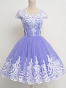 High End Lavender Zipper Dama Dress for Quinceanera Lace Cap Sleeves Knee Length