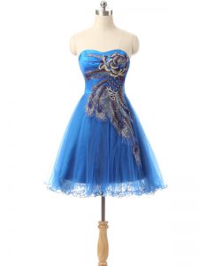 Sophisticated Sleeveless Tulle Mini Length Side Zipper Prom Dress in Blue with Appliques