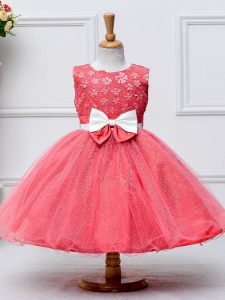 Dramatic Coral Red Kids Pageant Dress Wedding Party with Lace and Bowknot Scoop Sleeveless Zipper