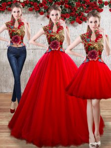 Flirting Ball Gowns Quinceanera Dresses Red High-neck Organza Sleeveless Floor Length Lace Up