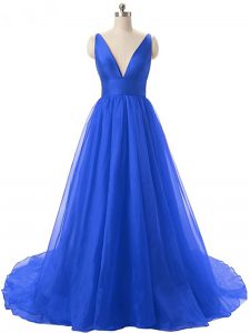 Royal Blue Sleeveless Brush Train Ruching Prom Dresses