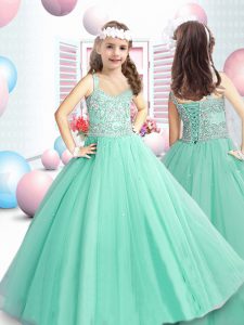 Affordable Apple Green Tulle Lace Up Pageant Gowns For Girls Sleeveless Floor Length Beading