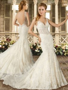 Sleeveless Lace Backless Bridal Gown with White Brush Train