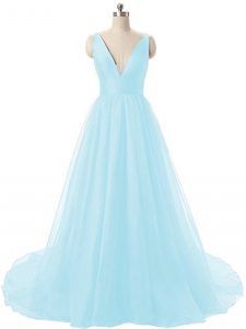 Sleeveless Ruching Backless Prom Gown with Aqua Blue Brush Train