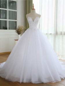 Customized Sleeveless Court Train Lace Up Lace and Appliques Wedding Gown