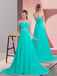 Chiffon Sweetheart Sleeveless Brush Train Lace Up Beading Prom Dress in Turquoise