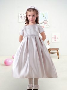 Stunning White Short Sleeves Beading and Belt Ankle Length Flower Girl Dress
