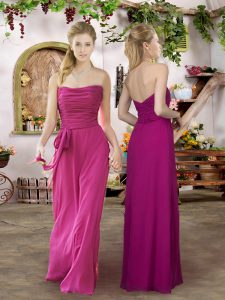 Exceptional Fuchsia Chiffon Zipper Wedding Guest Dresses Sleeveless Floor Length Ruching and Belt