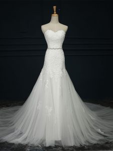 Inexpensive Court Train Mermaid Wedding Gown White Sweetheart Tulle Sleeveless Lace Up