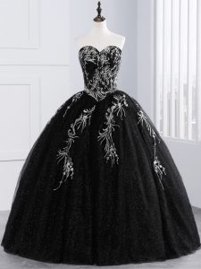 Sweetheart Sleeveless Quinceanera Dresses Floor Length Embroidery Black Tulle
