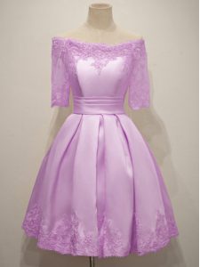 Lilac A-line Taffeta Off The Shoulder Half Sleeves Lace Knee Length Lace Up Bridesmaid Gown