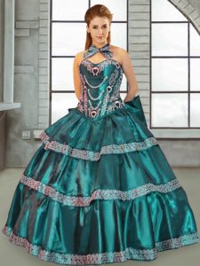 Sleeveless Taffeta Floor Length Lace Up Quinceanera Gowns in Turquoise with Beading and Ruffles