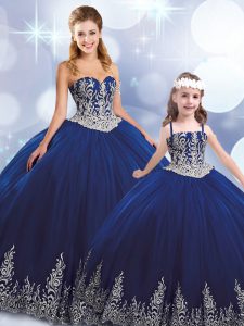 Comfortable Floor Length Ball Gowns Sleeveless Navy Blue Quinceanera Gowns Lace Up