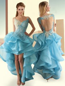 Fancy High Low Baby Blue Prom Gown Tulle Sleeveless Lace and Appliques and Ruffles