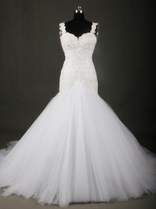 Tulle Sleeveless Bridal Gown Court Train and Beading and Lace
