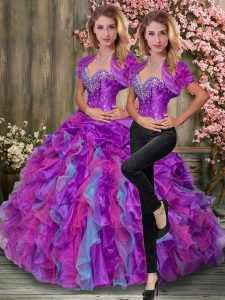 Sleeveless Organza Floor Length Lace Up Sweet 16 Quinceanera Dress in Multi-color with Beading and Ruffles and Pick Ups