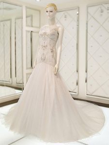 Exceptional White V-neck Neckline Beading Wedding Dresses Sleeveless Side Zipper