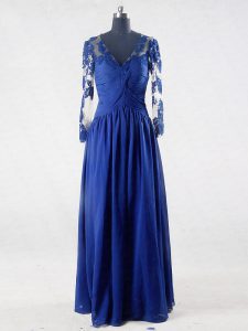 Gorgeous Blue Long Sleeves Chiffon Zipper Mother of Groom Dress for Prom and Party and Sweet 16