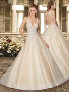 White Ball Gowns Appliques and Embroidery Wedding Dresses Backless Tulle Sleeveless