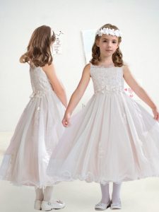 Free and Easy Sleeveless Organza Tea Length Zipper Flower Girl Dress in White with Lace