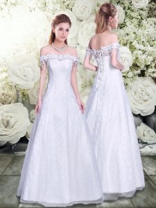 Best Selling White A-line Sequins Bridal Gown Lace Up Tulle Sleeveless Floor Length