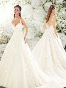 White Sleeveless Brush Train Beading and Lace Bridal Gown