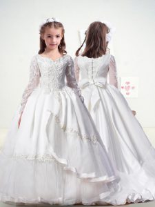 Sweep Train Ball Gowns Toddler Flower Girl Dress White Scoop Organza Long Sleeves Lace Up