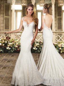 Free and Easy White Backless Wedding Gowns Lace Sleeveless Brush Train