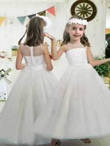Gorgeous White A-line Tulle Scoop Sleeveless Beading and Appliques Ankle Length Zipper Flower Girl Dress