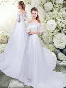 White Lace Up Off The Shoulder Lace Wedding Gown Tulle Half Sleeves Brush Train