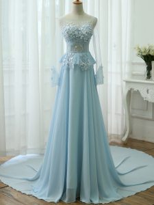 Light Blue Prom Evening Gown Scoop Long Sleeves Zipper