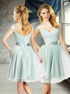 Comfortable Aqua Blue Cap Sleeves Tulle Zipper Bridesmaids Dress for Prom and Party