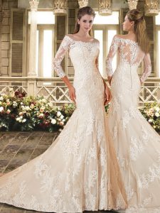 Fancy Champagne 3 4 Length Sleeve Brush Train Lace Bridal Gown
