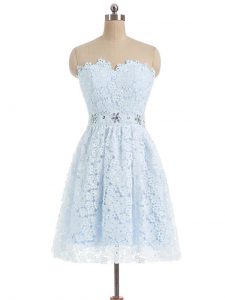 Custom Design Beading and Lace and Appliques Prom Gown Light Blue Zipper Sleeveless Mini Length