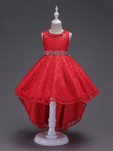 Beading Toddler Flower Girl Dress Red Lace Up Sleeveless High Low
