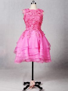 Rose Pink Scoop Neckline Lace and Appliques and Ruffled Layers Homecoming Dress Online Sleeveless Zipper