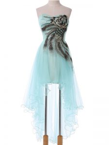 Nice Sleeveless High Low Appliques Lace Up Dress for Prom with Aqua Blue