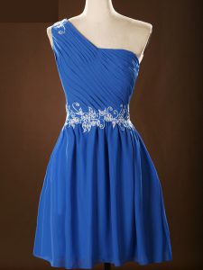 Blue Sleeveless Mini Length Appliques and Ruching Zipper Damas Dress