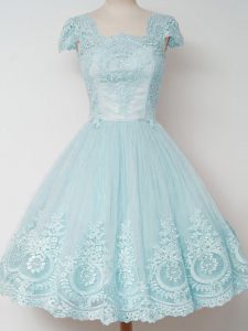 A-line Bridesmaid Gown Aqua Blue Square Tulle Cap Sleeves Knee Length Zipper