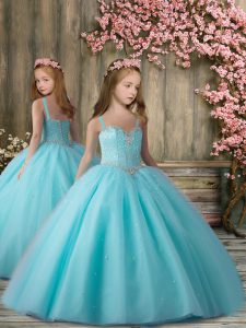 Latest Sleeveless Floor Length Beading Lace Up Little Girls Pageant Gowns with Baby Blue