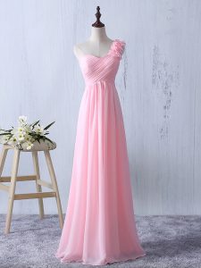 Baby Pink Empire Chiffon One Shoulder Sleeveless Ruffles and Ruching Floor Length Zipper Quinceanera Court of Honor Dres