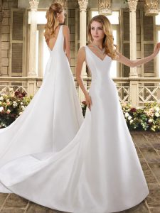 Excellent White A-line Ruching Wedding Gowns Backless Satin Sleeveless