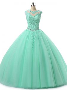 Apple Green Scoop Lace Up Beading and Lace Sweet 16 Dress Sleeveless