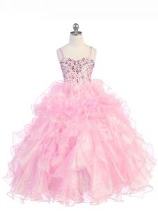 Baby Pink Spaghetti Straps Neckline Beading and Ruffles Girls Pageant Dresses Sleeveless Lace Up