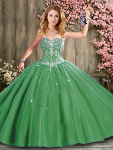 Delicate Sleeveless Tulle Floor Length Lace Up Quinceanera Dresses in Green with Beading