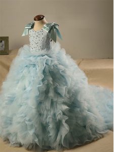 Beautiful Scoop Sleeveless Little Girl Pageant Gowns Brush Train Beading and Ruffles and Bowknot Light Blue Tulle
