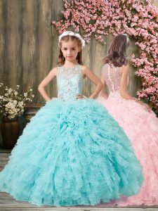 Eye-catching Floor Length Aqua Blue Little Girl Pageant Dress Organza Sleeveless Beading and Ruffles