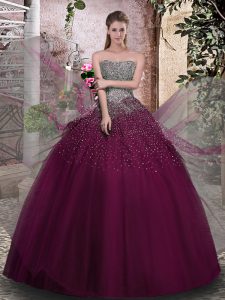 Flirting Purple Ball Gowns Beading 15th Birthday Dress Lace Up Tulle Sleeveless Floor Length