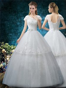 Floor Length White Wedding Dresses Tulle Short Sleeves Embroidery
