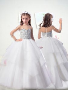 White Ball Gowns Beading and Sequins Flower Girl Dresses for Less Clasp Handle Tulle Long Sleeves